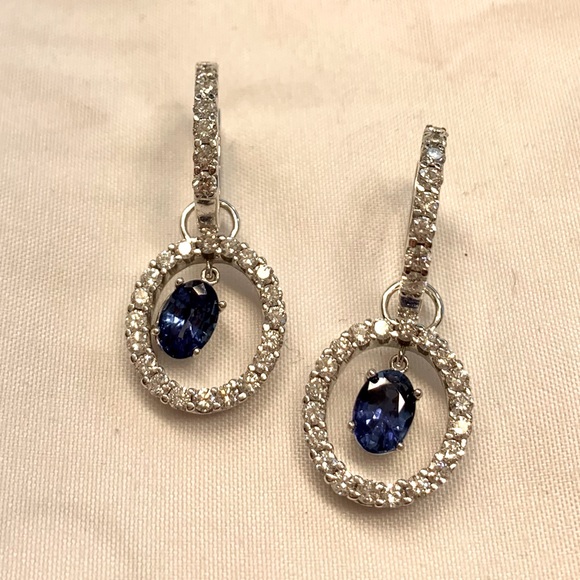 Genuine Diamond & Sapphire Double Hoop Earrings in 18k White Gold - Picture 4 of 8